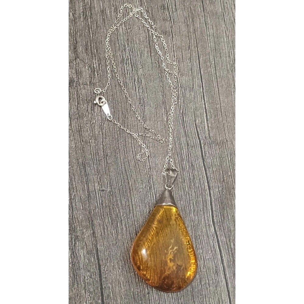 Natural Baltic Amber Pendant W Inclusions Sterling Silver Vintage Chain Necklace